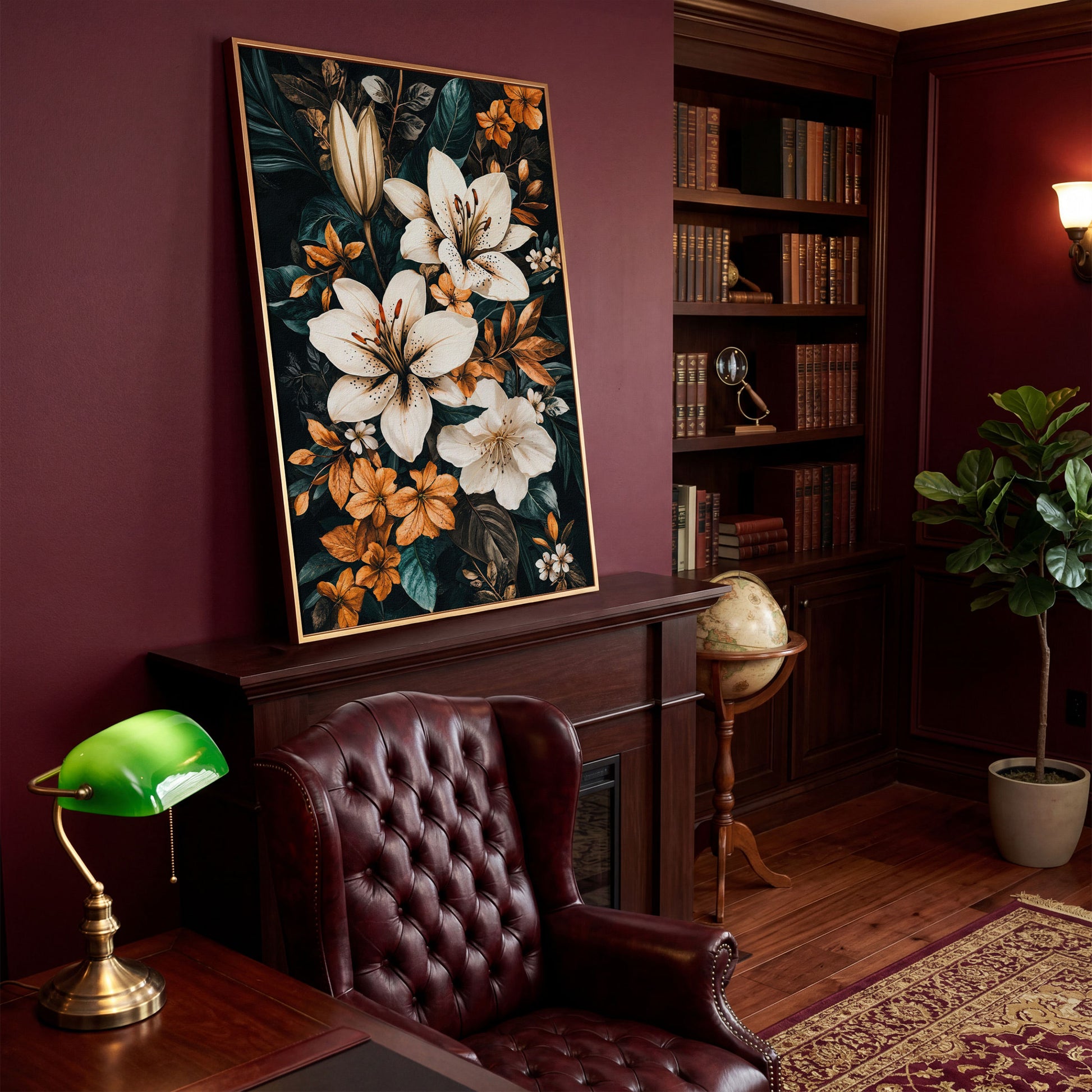 White Lilies on Navy Canvas Print in antique gold floating frame