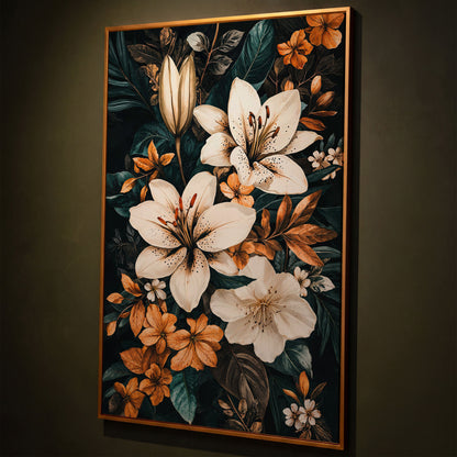 White Lilies on Navy Canvas Print shown in antique gold floating frame