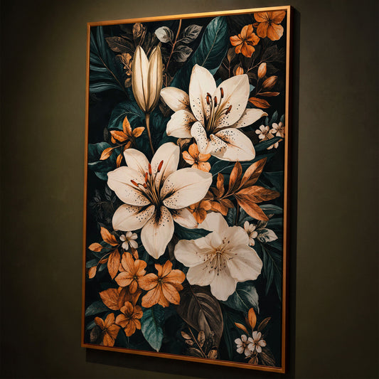 White Lilies on Navy Canvas Print shown in antique gold floating frame