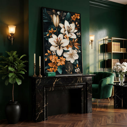 White Lilies on Navy Canvas Print in black floating frame