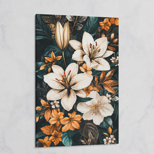 White Lilies on Navy Canvas Print on gallery wrap