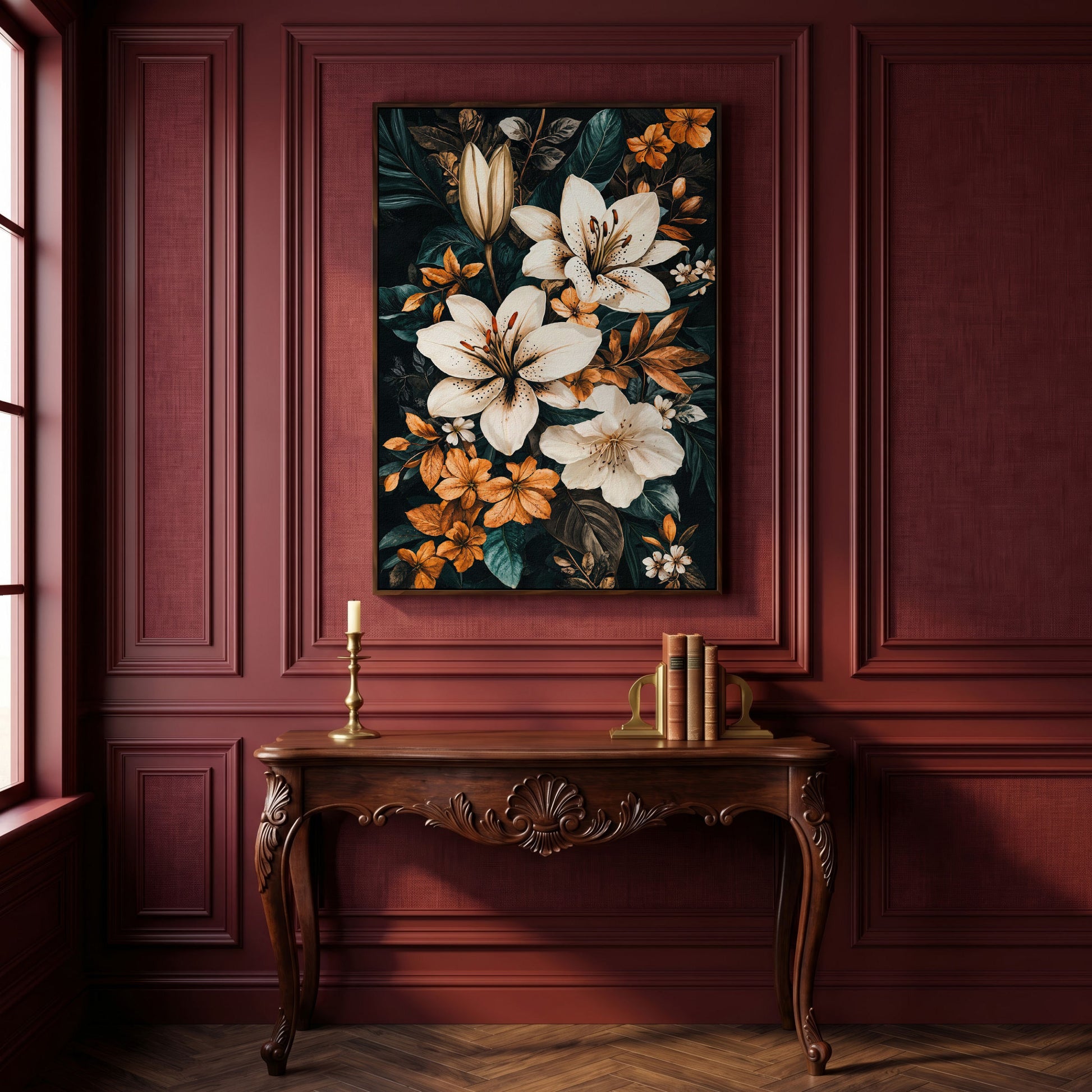 White Lilies on Navy Canvas Print in dark walnut floating frame