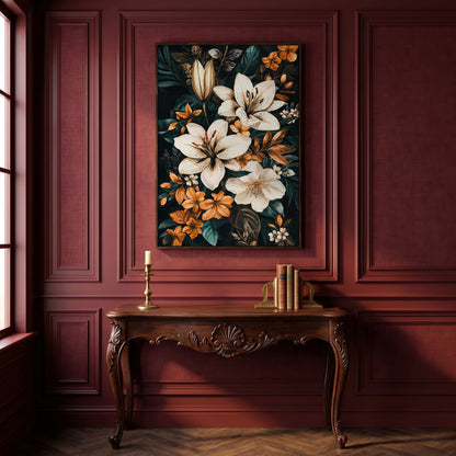 White Lilies on Navy Canvas Print in dark walnut floating frame
