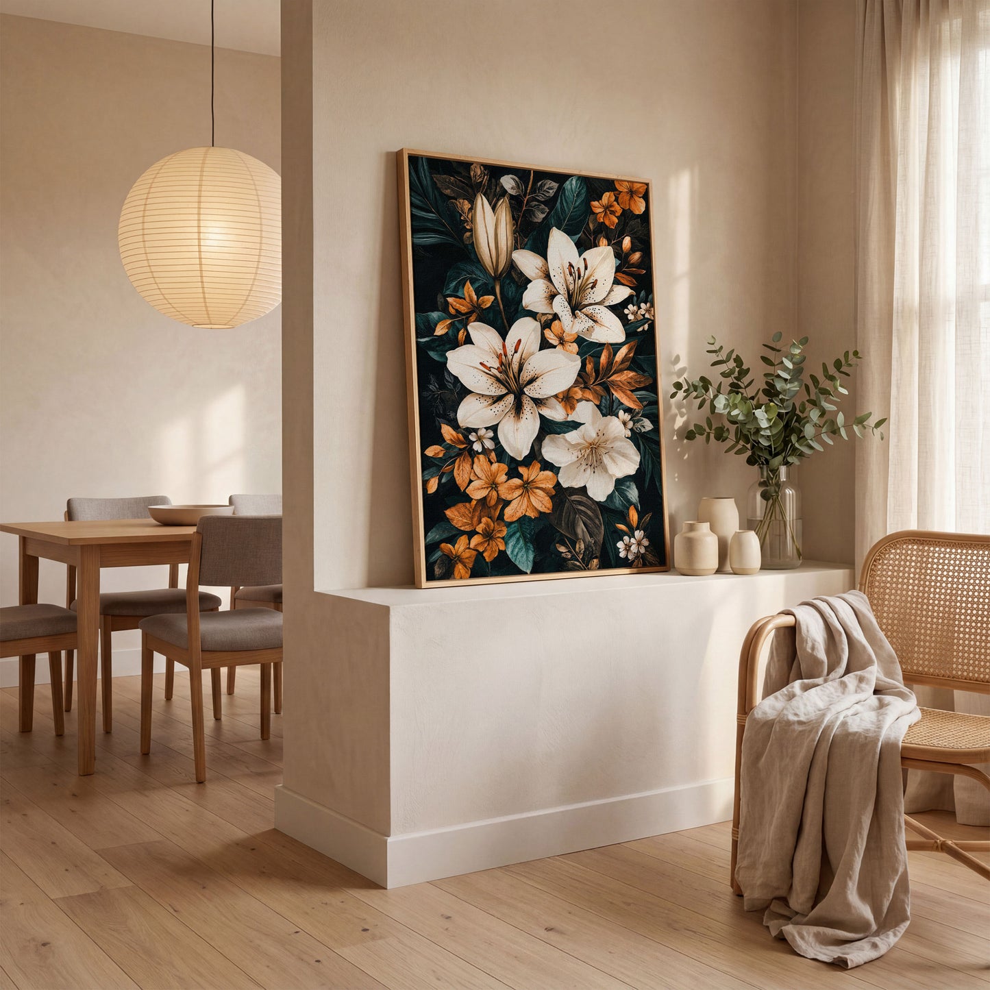 White Lilies on Navy Canvas Print in white oak floating frame