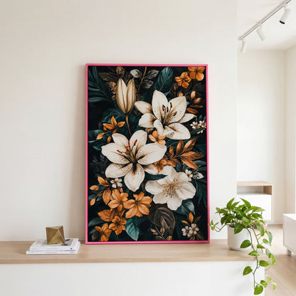 White Lilies on Navy Canvas Print in pink floating frame