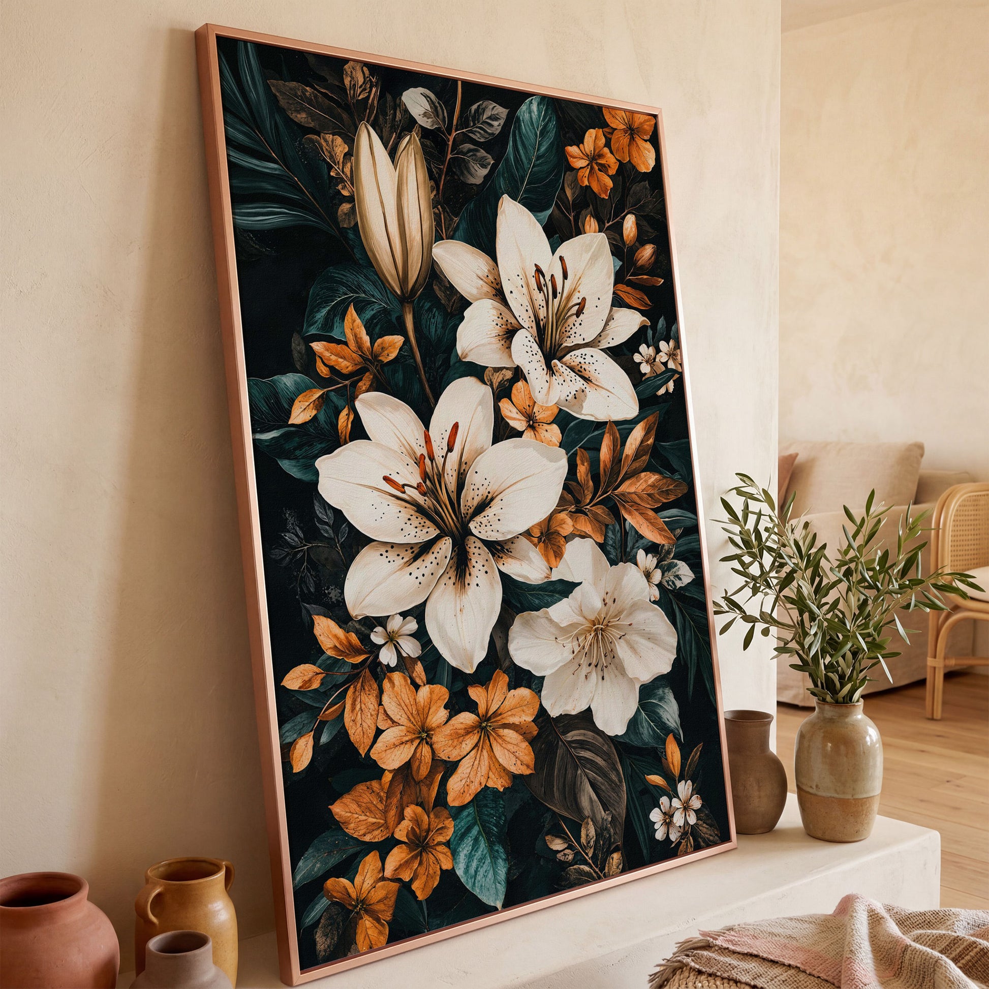 White Lilies on Navy Canvas Print in rose gold floating frame