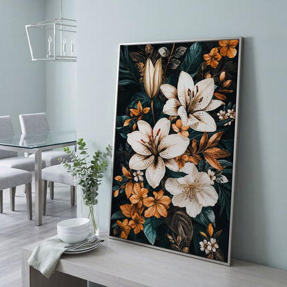 White Lilies on Navy Canvas Print in silver floating frame
