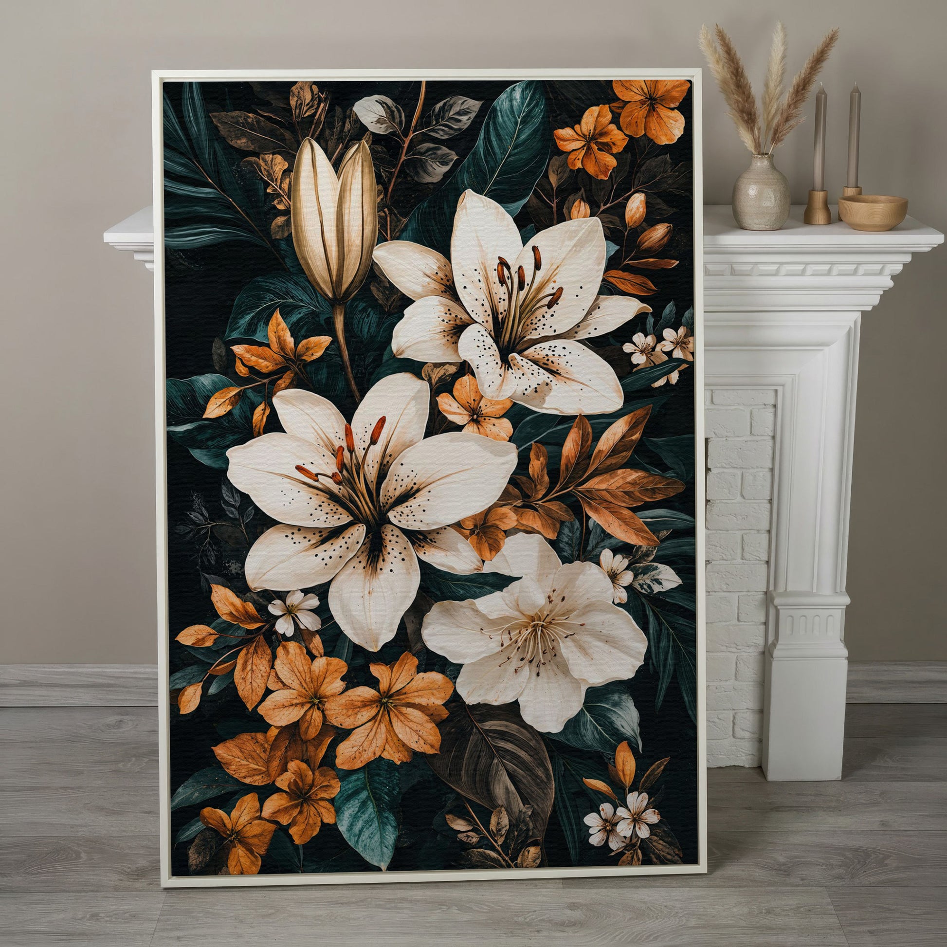 White Lilies on Navy Canvas Print in white floating frame