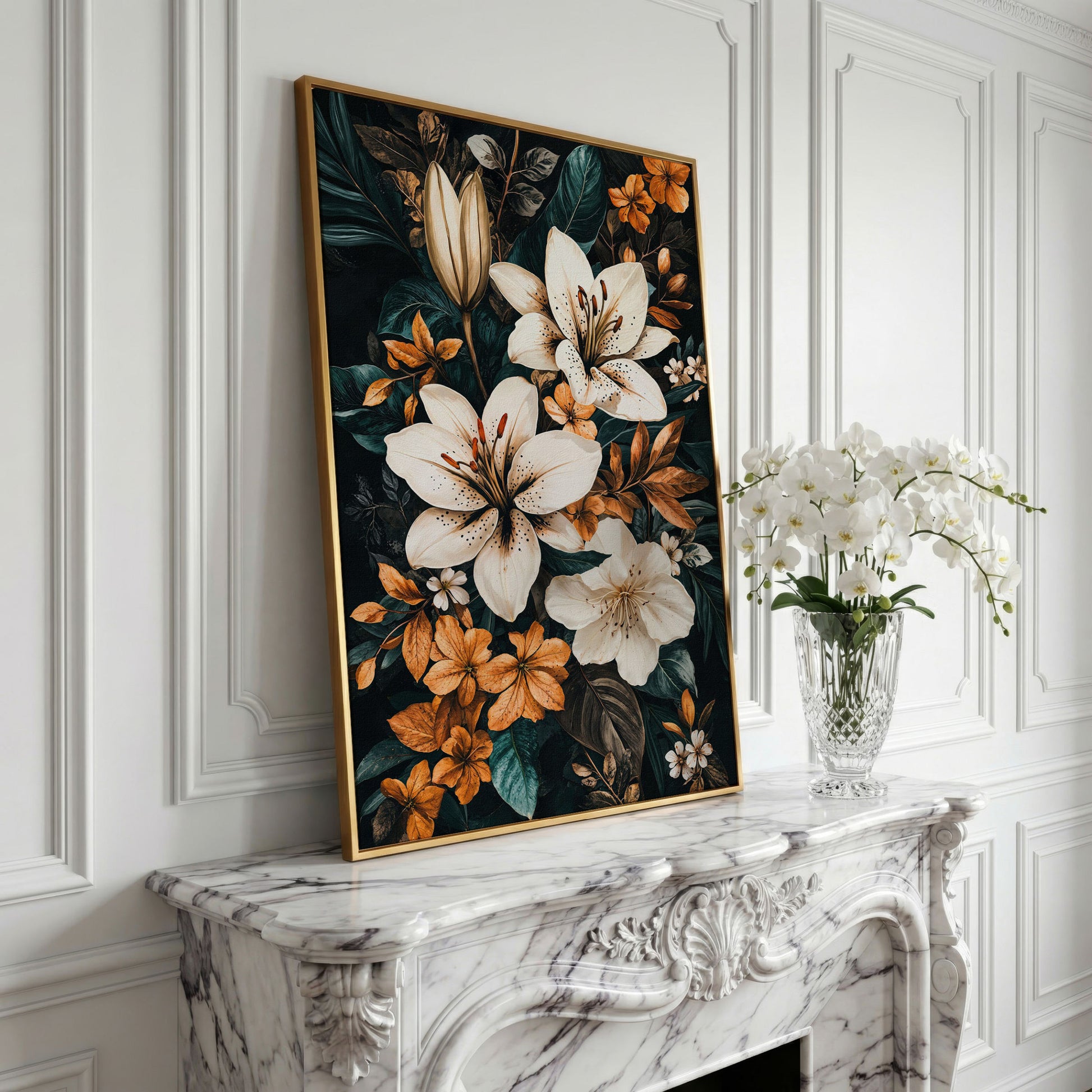 White Lilies on Navy Canvas Print in yellow gold floating frame