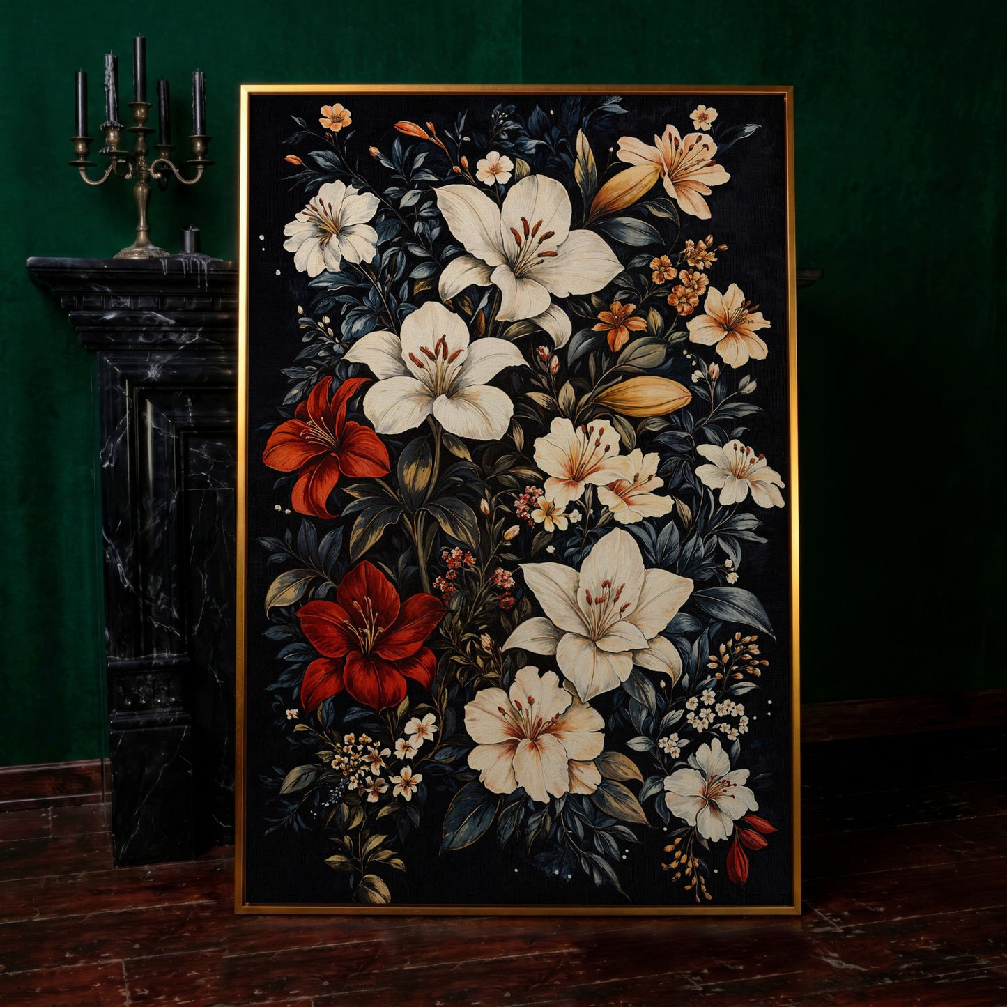 Lilies Bouquet Canvas Print, Midnight and Gold in antique gold floating frame