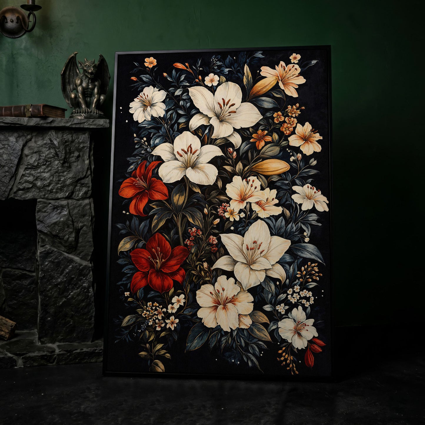 Lilies Bouquet Canvas Print, Midnight and Gold in black floating frame