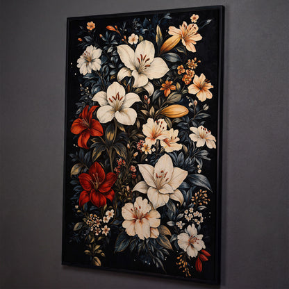 Lilies Bouquet Canvas Print, Midnight and Gold shown in black floating frame