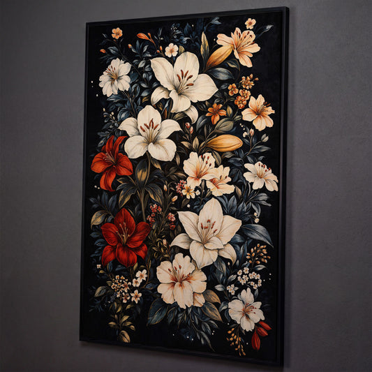 Lilies Bouquet Canvas Print, Midnight and Gold shown in black floating frame