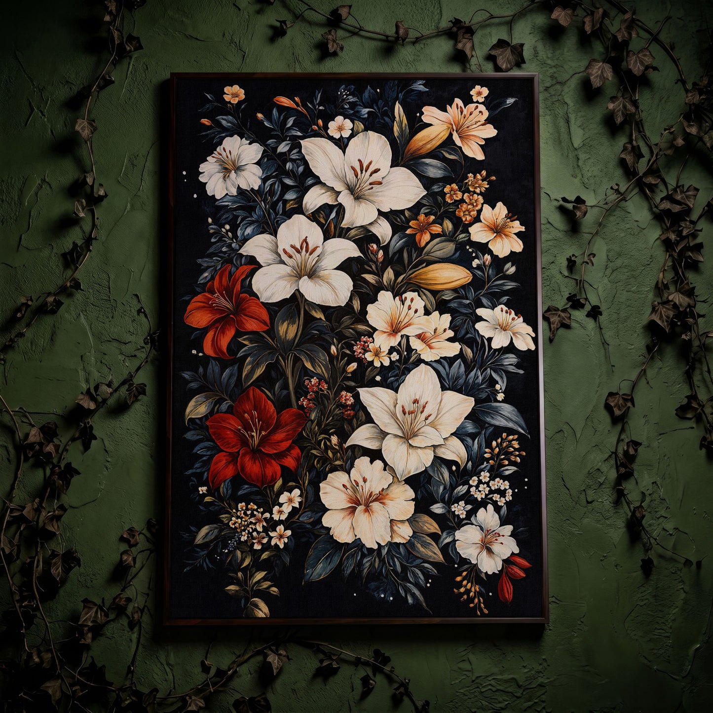Lilies Bouquet Canvas Print, Midnight and Gold in dark walnut floating frame