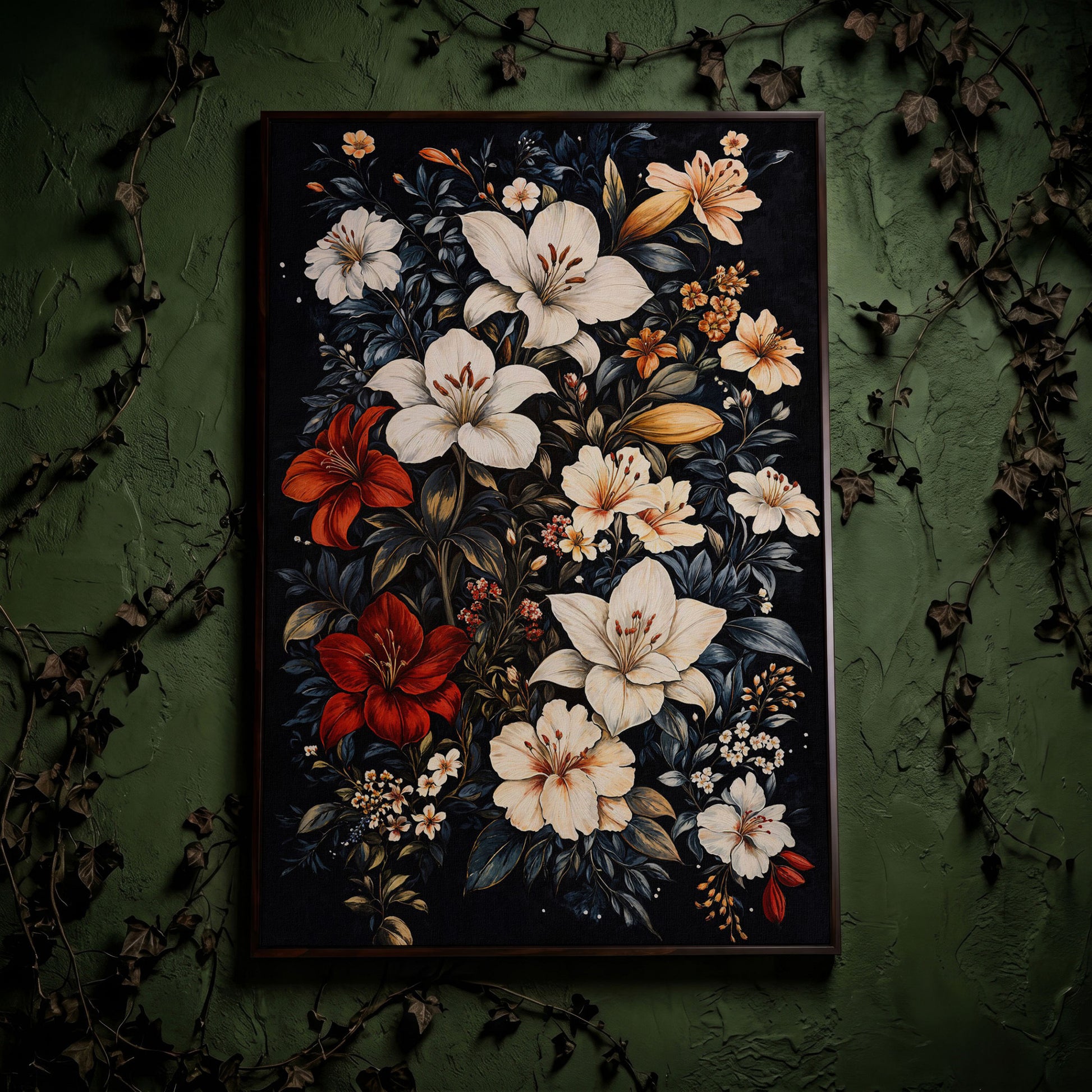 Lilies Bouquet Canvas Print, Midnight and Gold in dark walnut floating frame