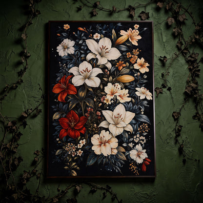 Lilies Bouquet Canvas Print, Midnight and Gold in dark walnut floating frame