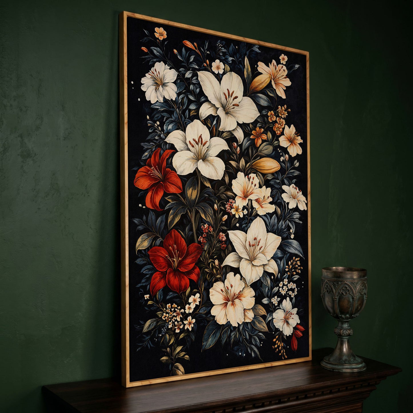 Lilies Bouquet Canvas Print, Midnight and Gold in white oak floating frame