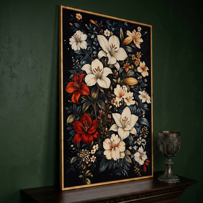 Lilies Bouquet Canvas Print, Midnight and Gold in white oak floating frame