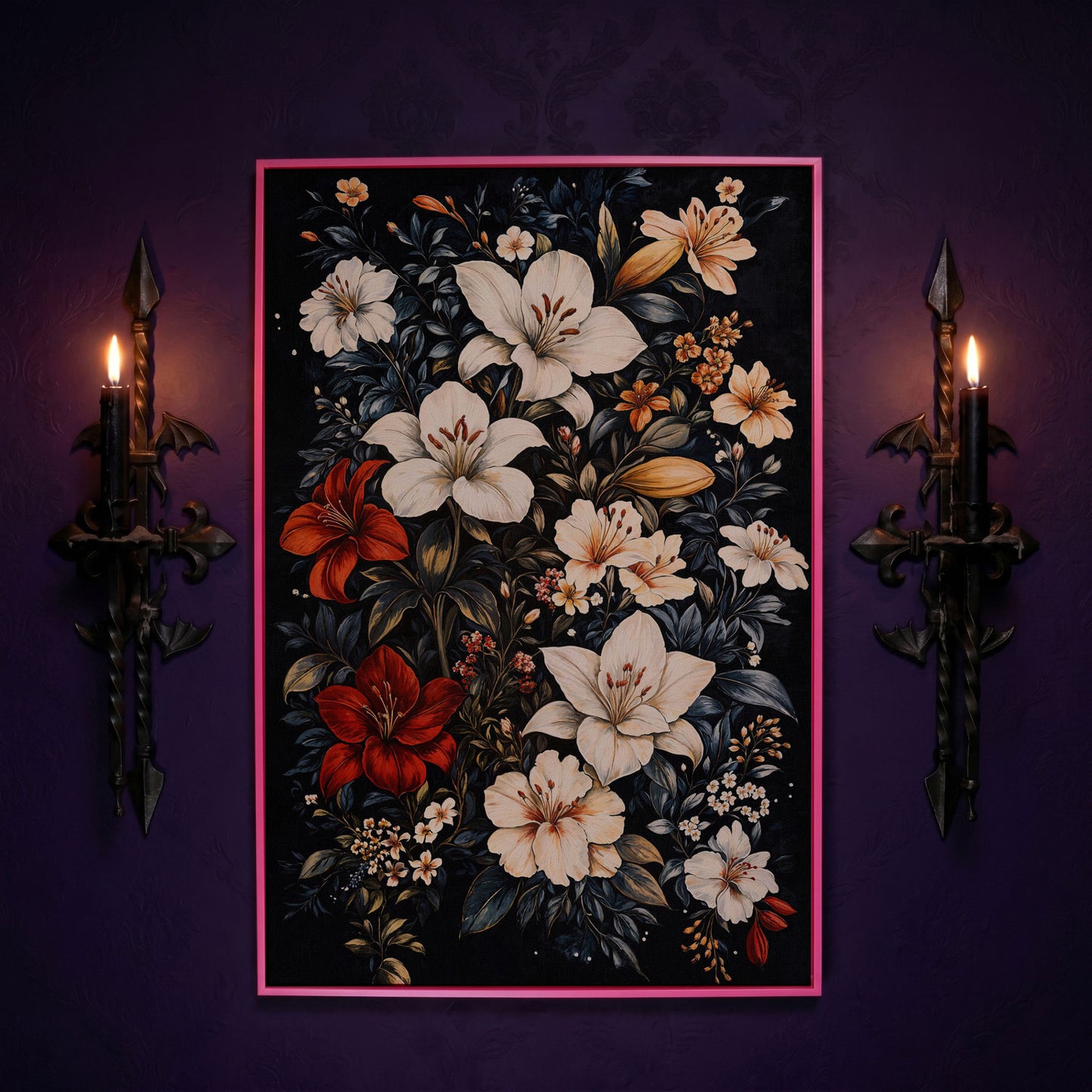 Lilies Bouquet Canvas Print, Midnight and Gold in pink floating frame