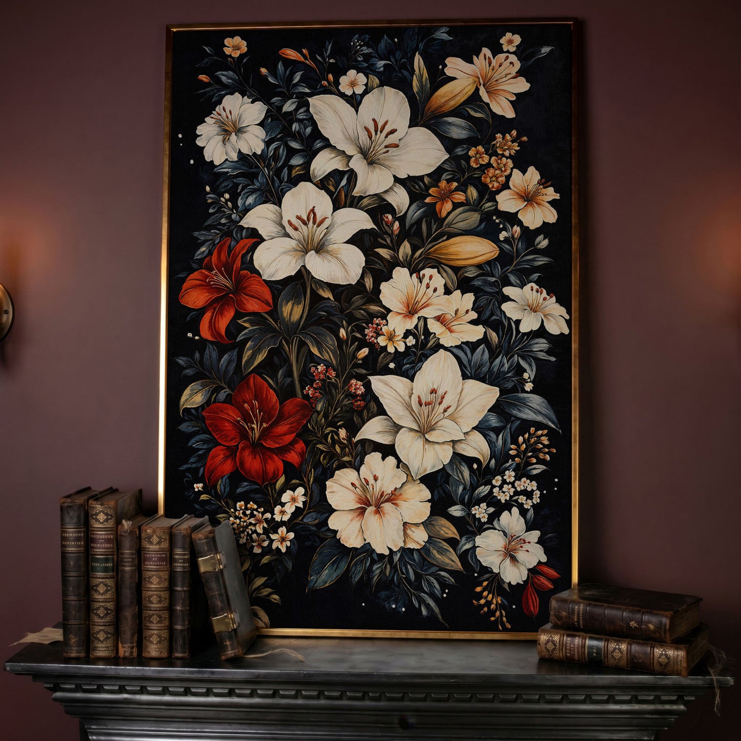Lilies Bouquet Canvas Print, Midnight and Gold in rose gold floating frame