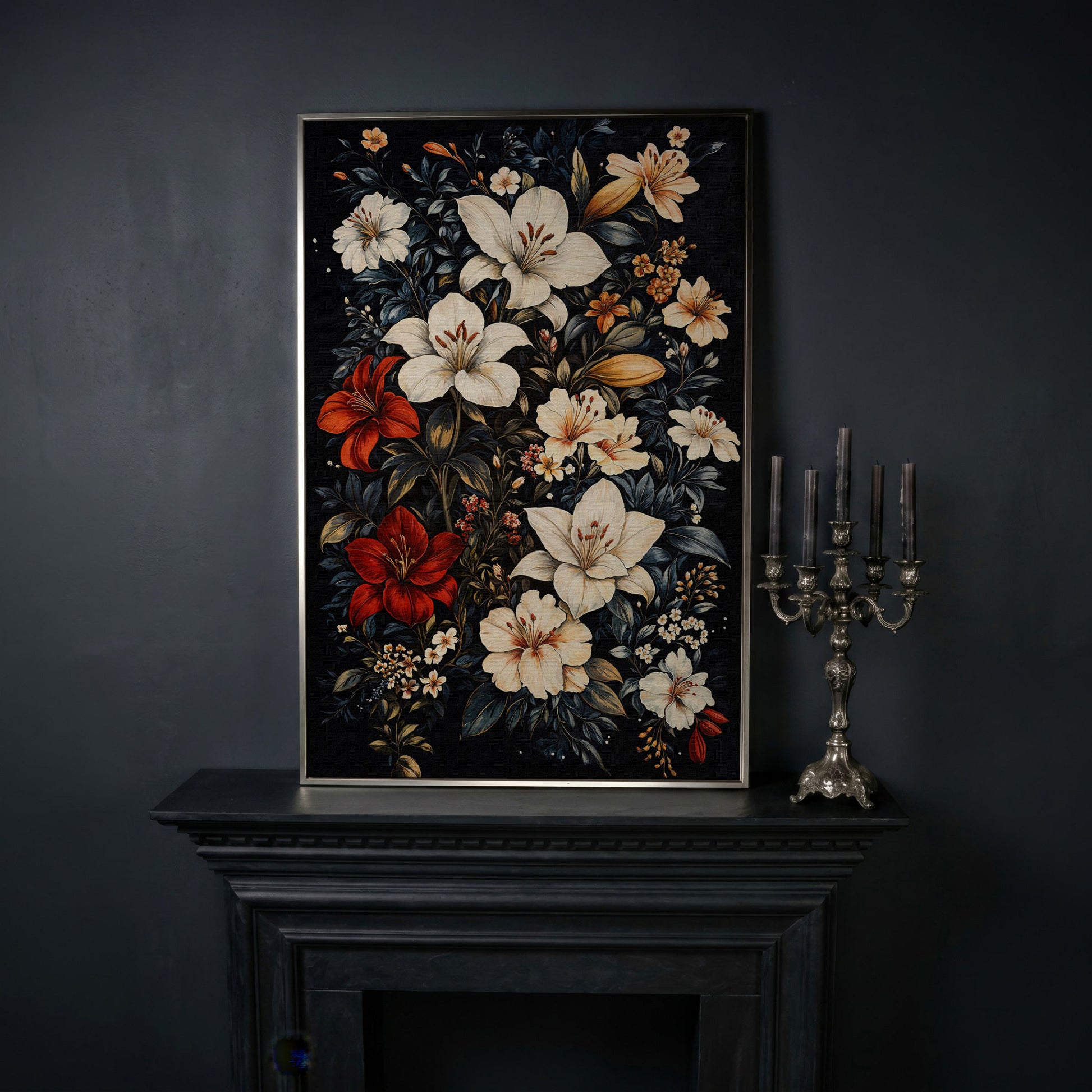 Lilies Bouquet Canvas Print, Midnight and Gold in silver floating frame
