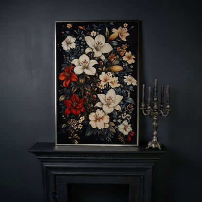 Lilies Bouquet Canvas Print, Midnight and Gold in silver floating frame