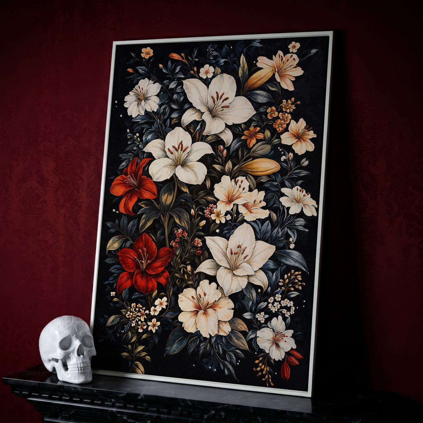 Lilies Bouquet Canvas Print, Midnight and Gold in white floating frame