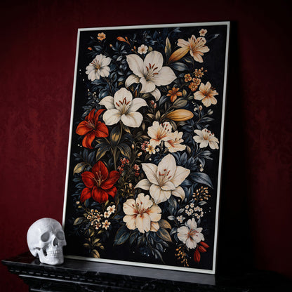 Lilies Bouquet Canvas Print, Midnight and Gold in white floating frame