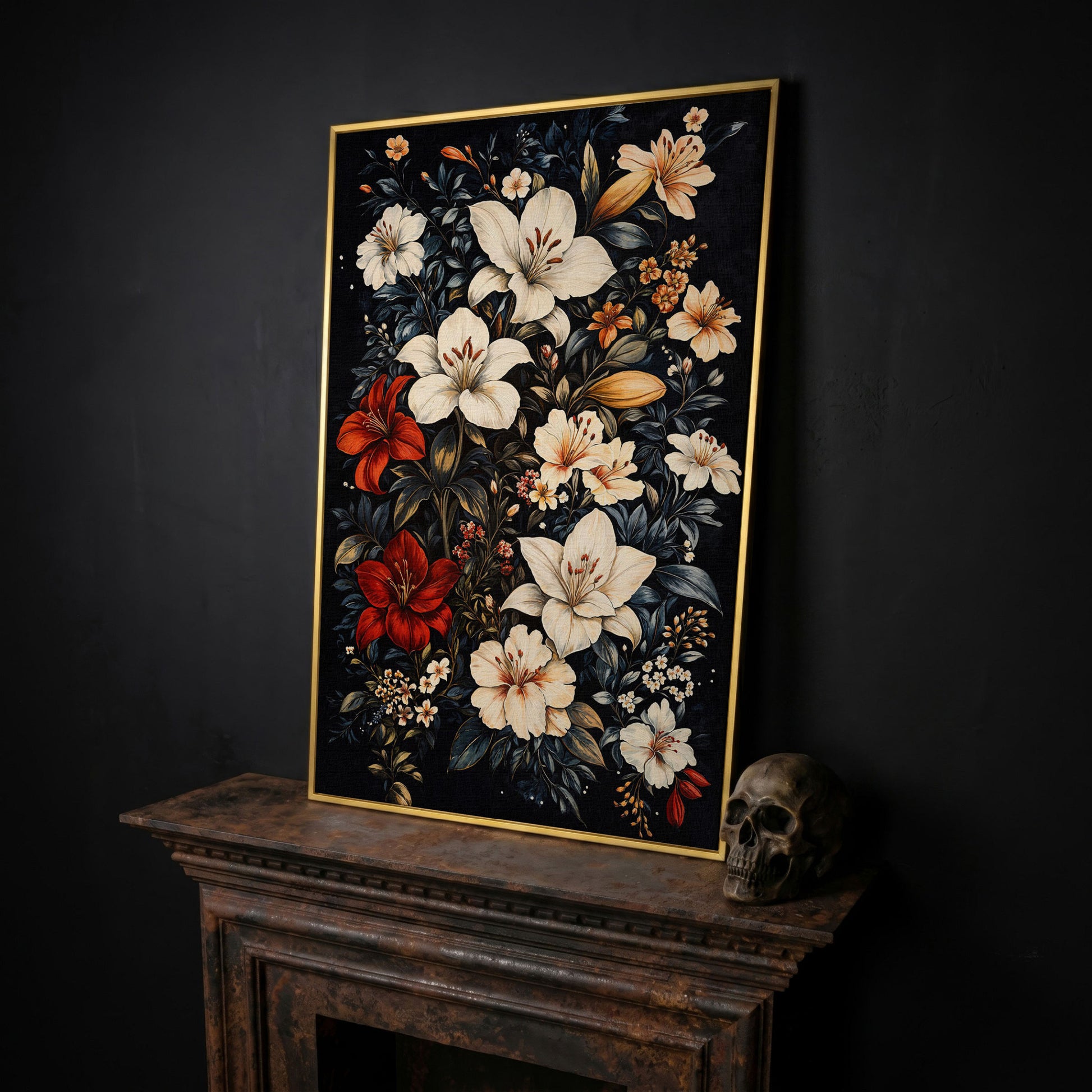 Lilies Bouquet Canvas Print, Midnight and Gold in yellow gold floating frame