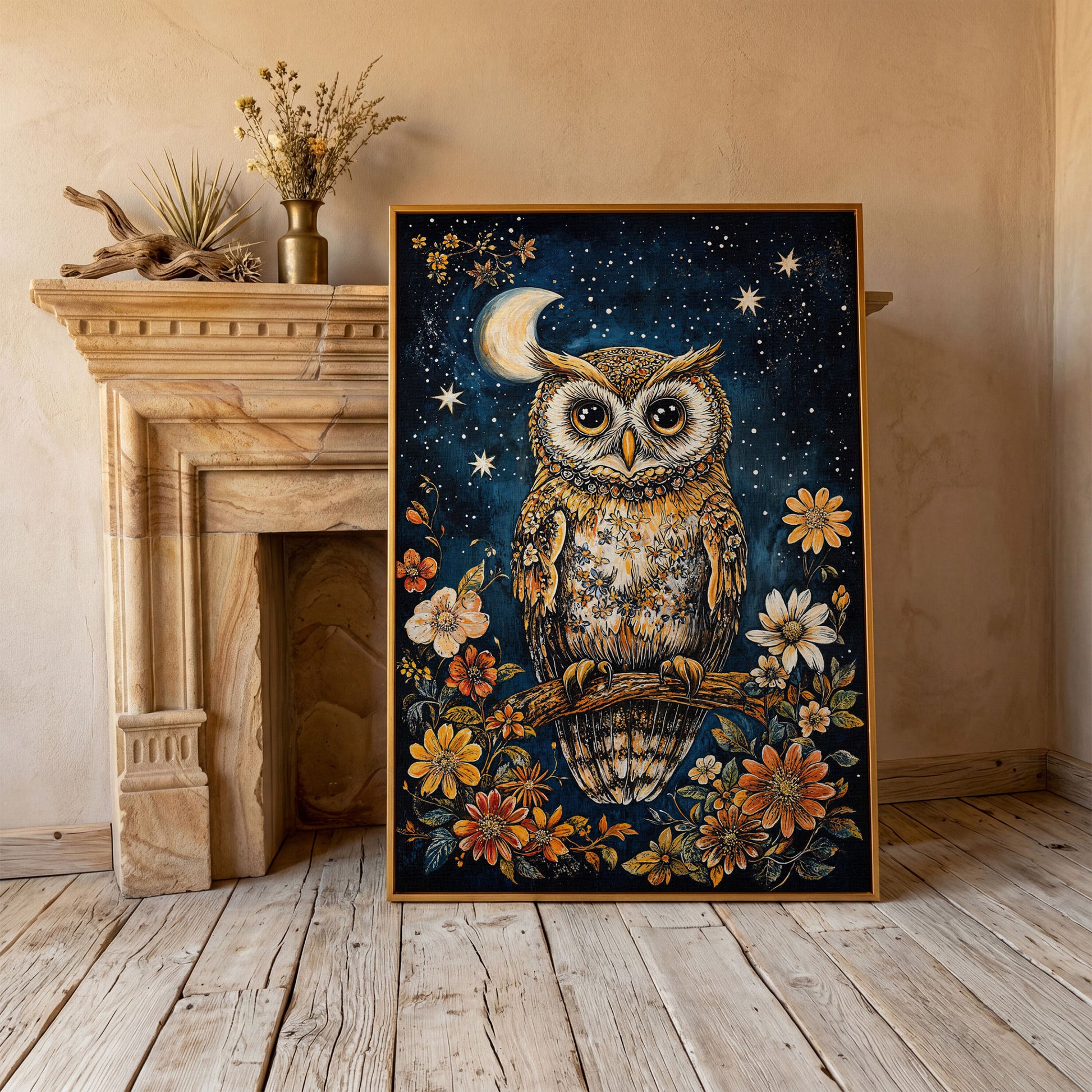 Owl on Floral Branch Canvas Print in antique gold floating frame
