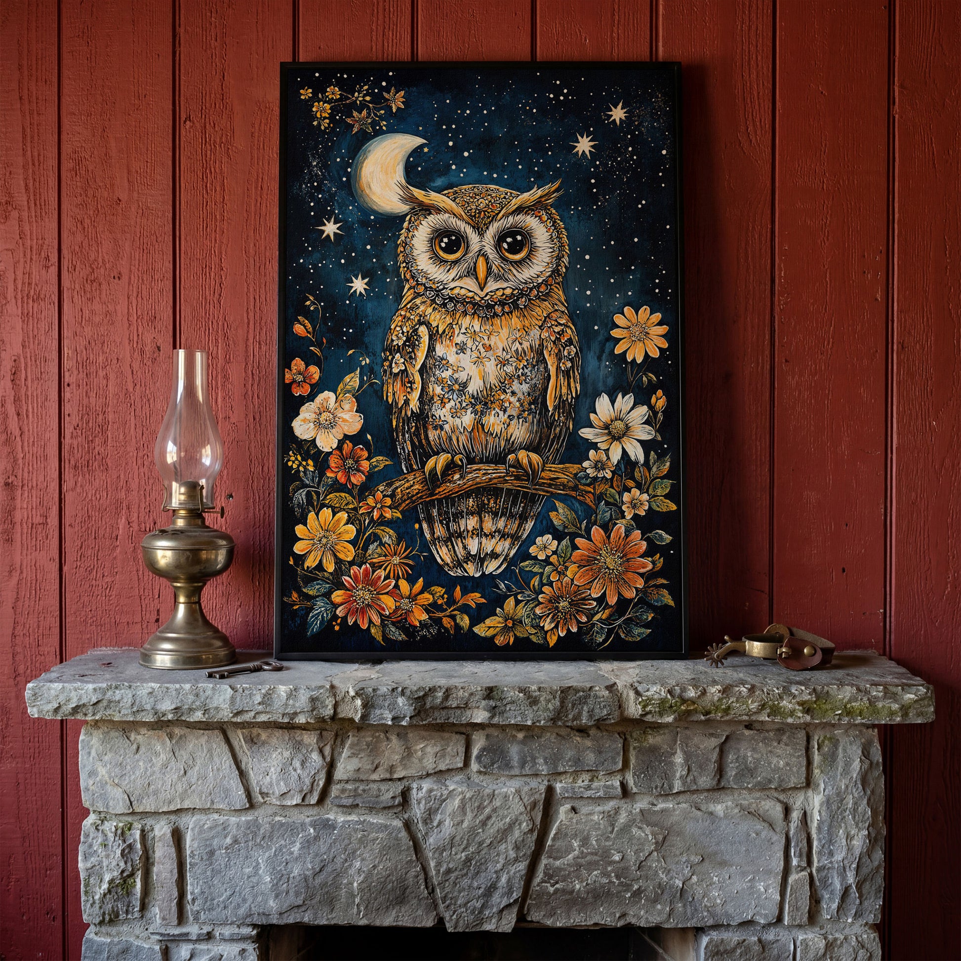 Owl on Floral Branch Canvas Print in black floating frame