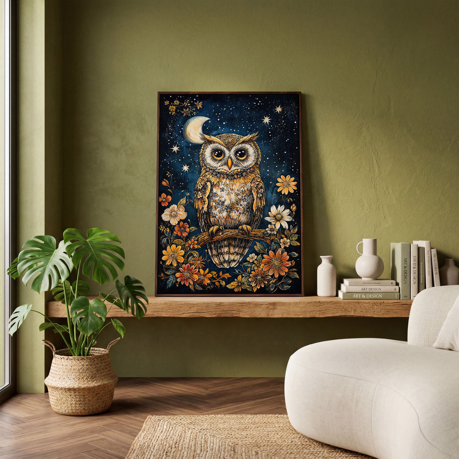 Owl on Floral Branch Canvas Print in dark walnut floating frame
