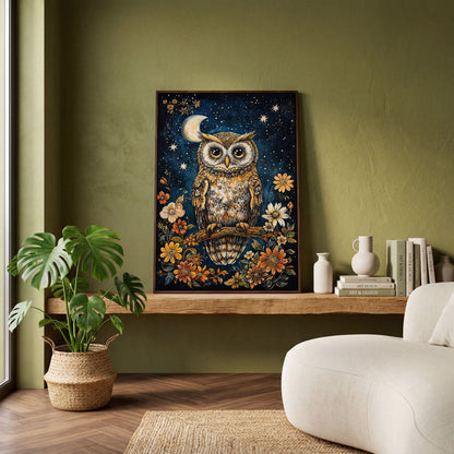 Owl on Floral Branch Canvas Print in dark walnut floating frame
