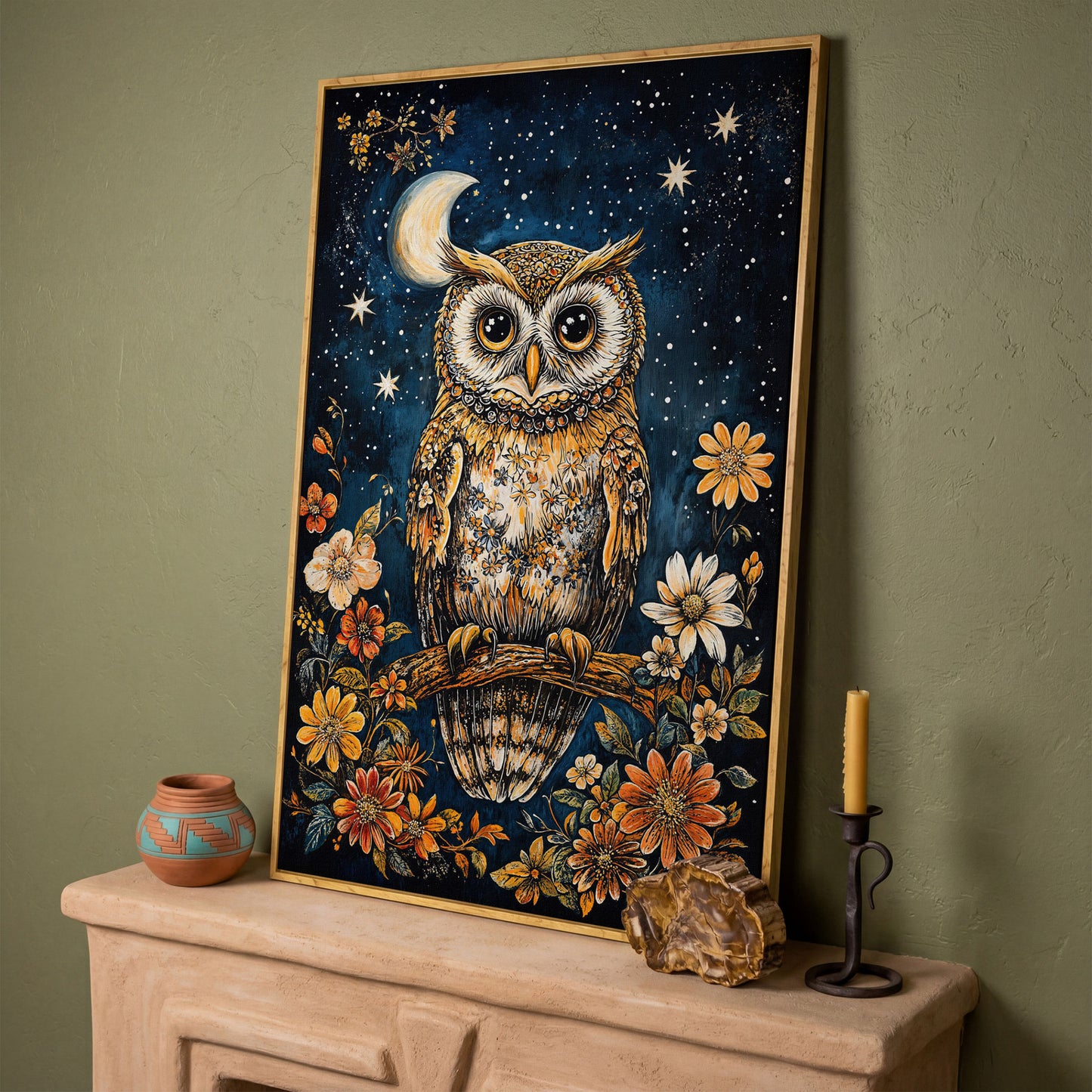 Owl on Floral Branch Canvas Print in white oak floating frame