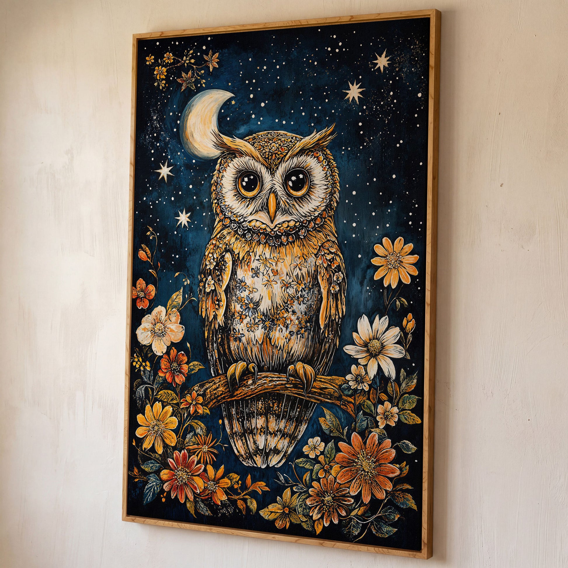 Owl on Floral Branch Canvas Print shown in white oak floating frame