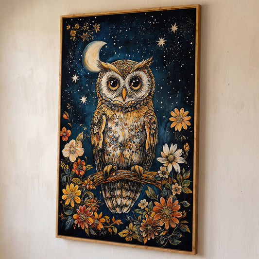 Owl on Floral Branch Canvas Print shown in white oak floating frame