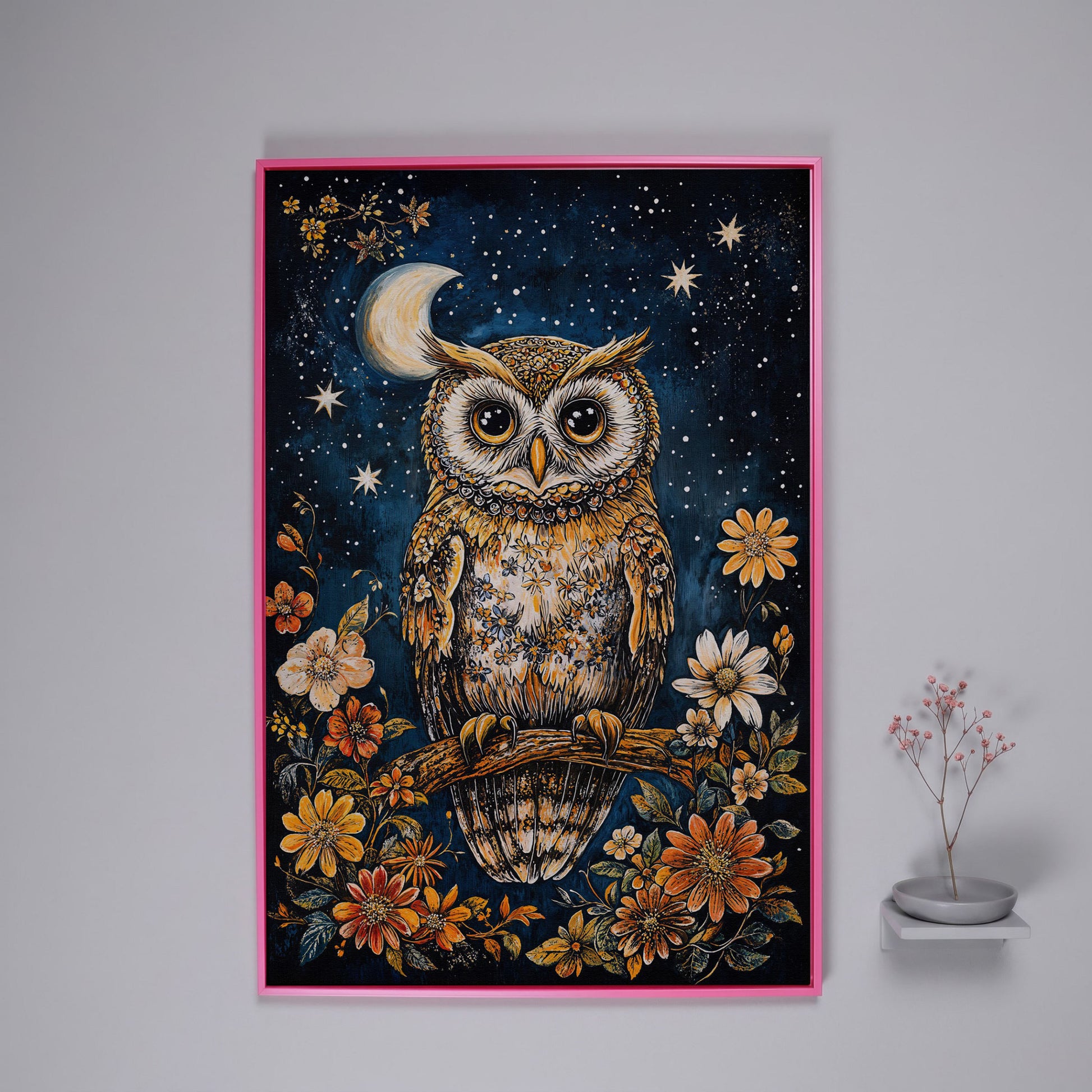 Owl on Floral Branch Canvas Print in pink floating frame