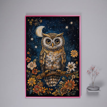 Owl on Floral Branch Canvas Print in pink floating frame