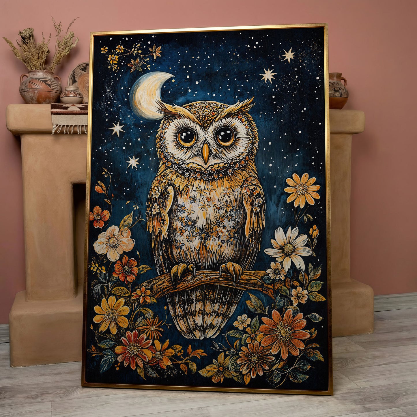 Owl on Floral Branch Canvas Print in rose gold floating frame