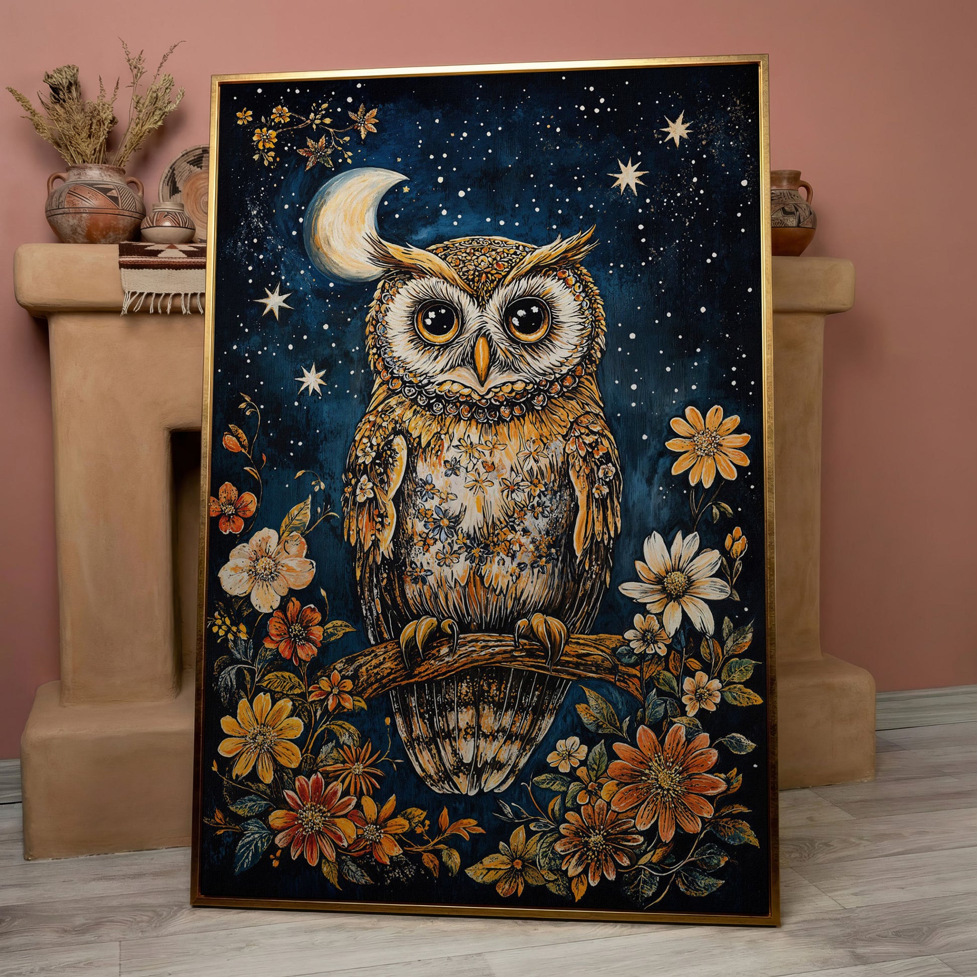 Owl on Floral Branch Canvas Print in rose gold floating frame