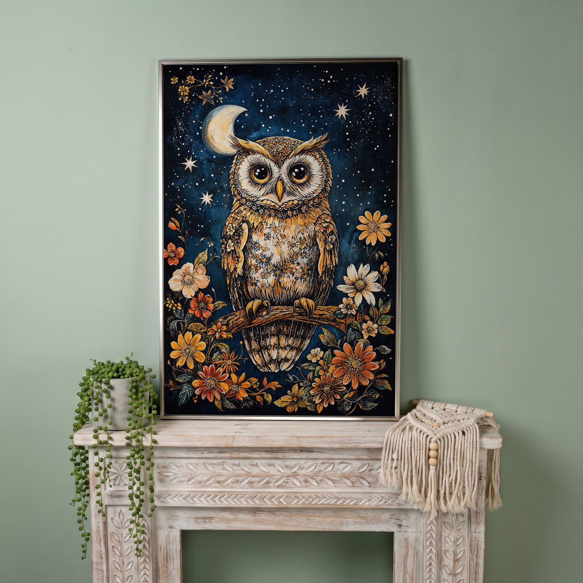 Owl on Floral Branch Canvas Print in silver floating frame