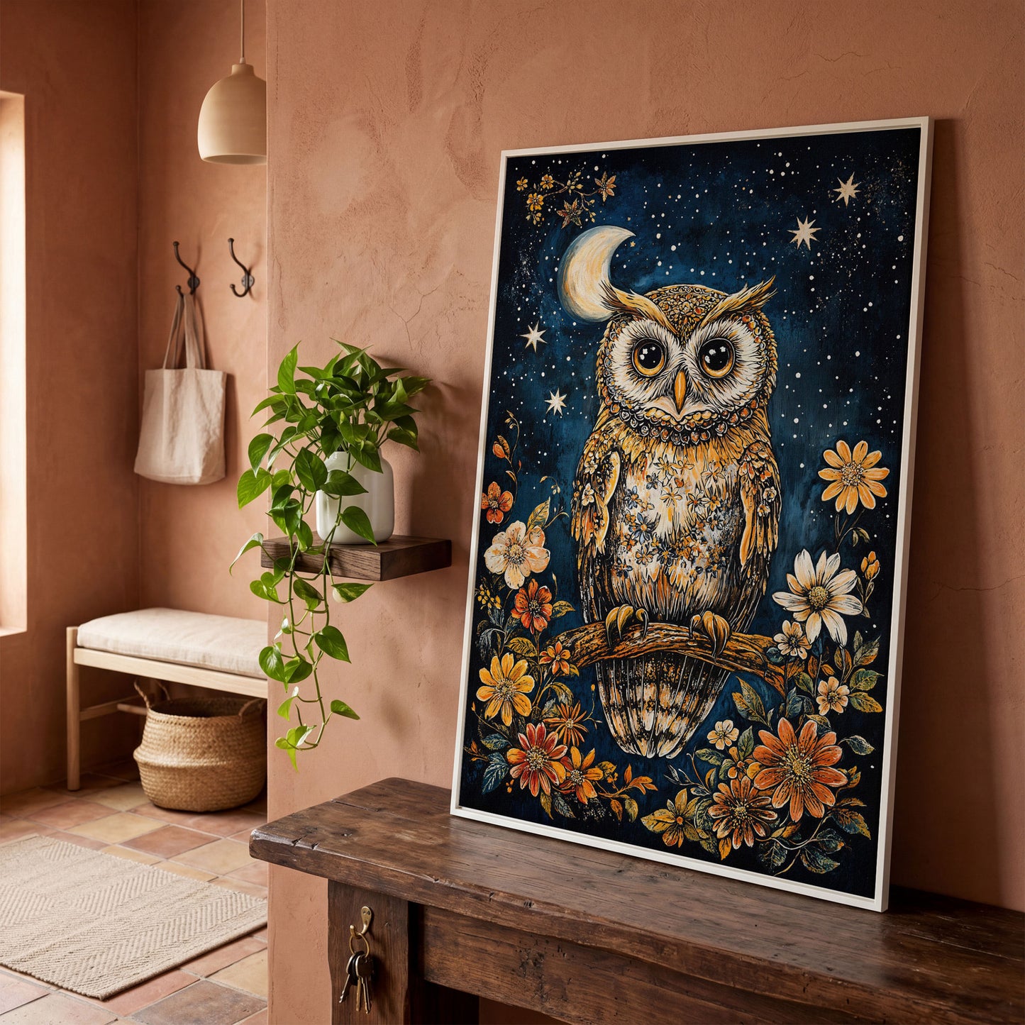 Owl on Floral Branch Canvas Print in white floating frame