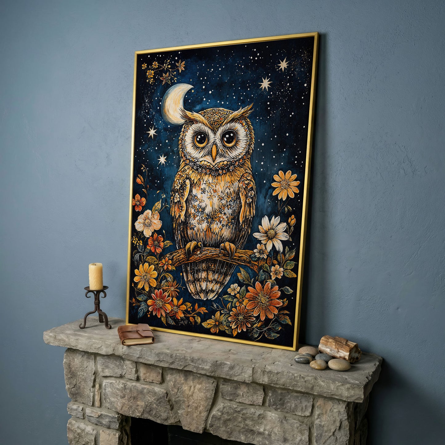 Owl on Floral Branch Canvas Print in yellow gold floating frame