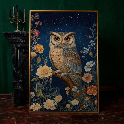 Mystical Owl on Branch Canvas Print in antique gold floating frame