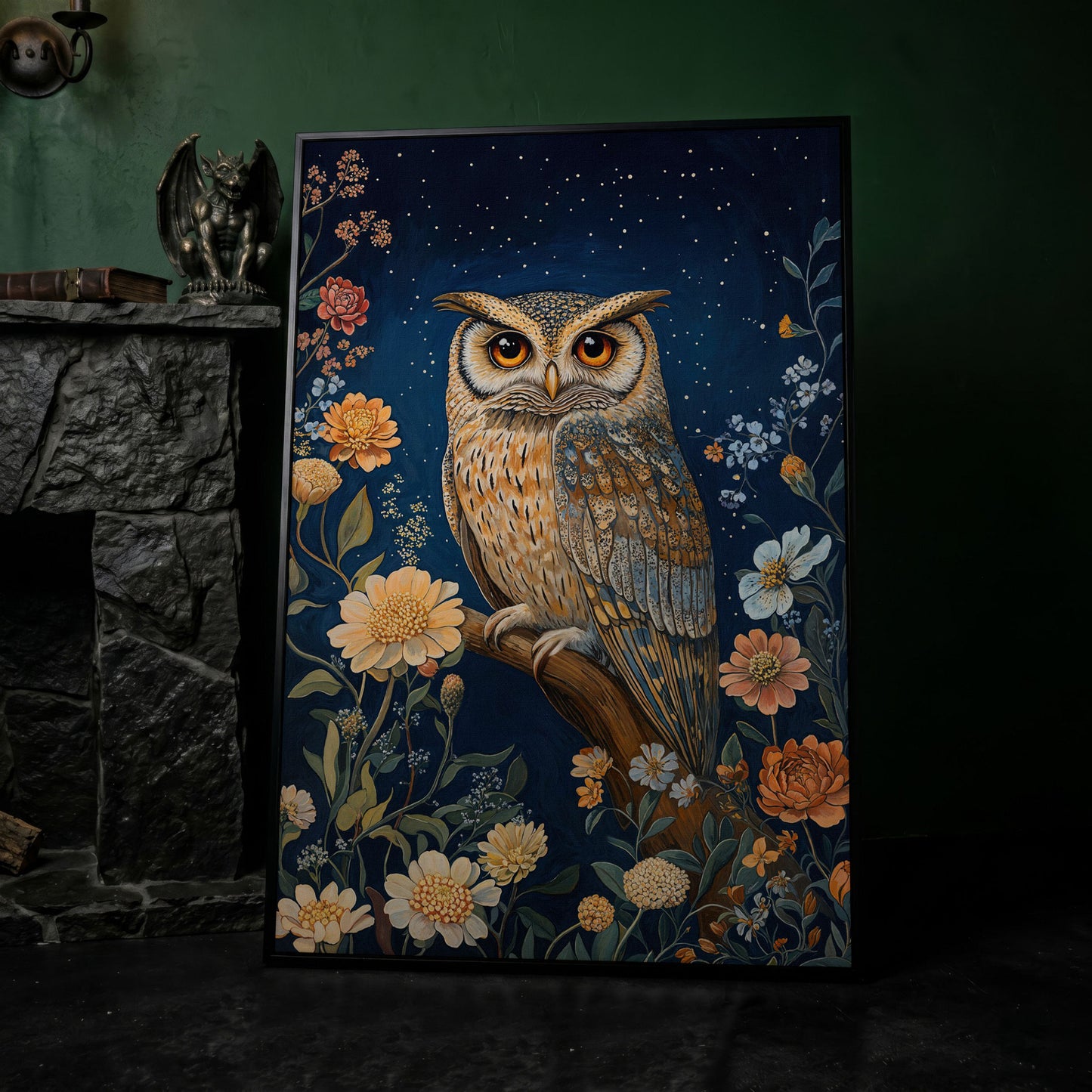 Mystical Owl on Branch Canvas Print in black floating frame
