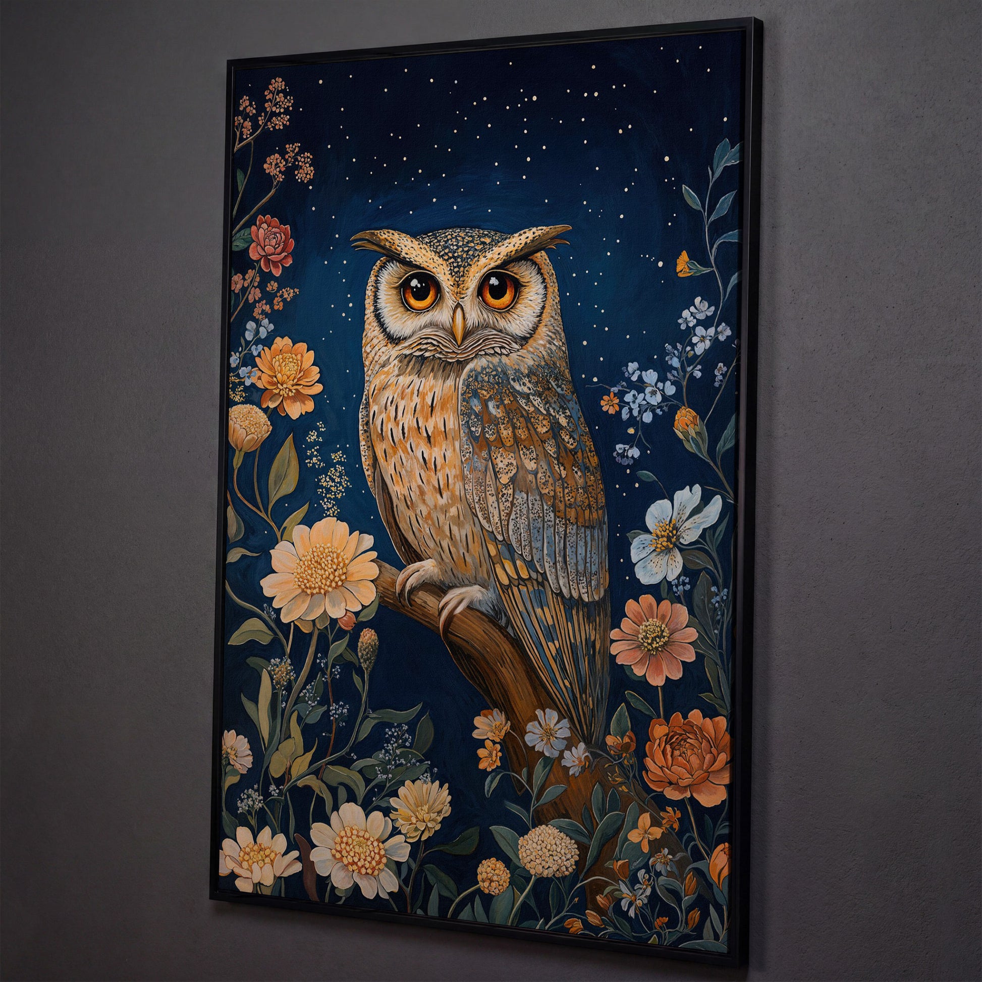 Mystical Owl on Branch Canvas Print shown in black floating frame