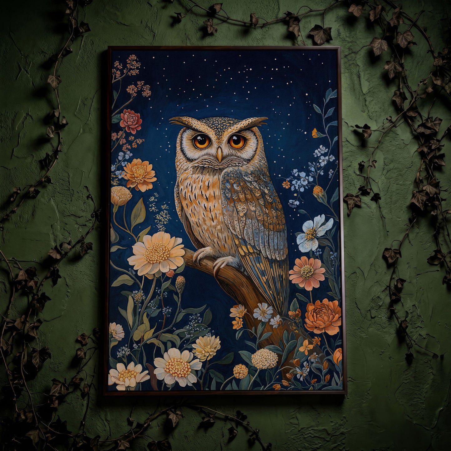 Mystical Owl on Branch Canvas Print in dark walnut floating frame