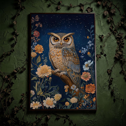 Mystical Owl on Branch Canvas Print in dark walnut floating frame