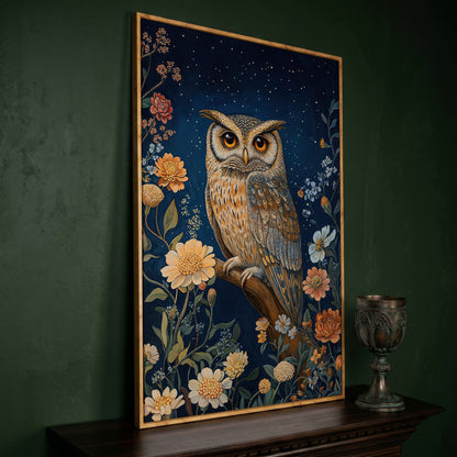 Mystical Owl on Branch Canvas Print in white oak floating frame