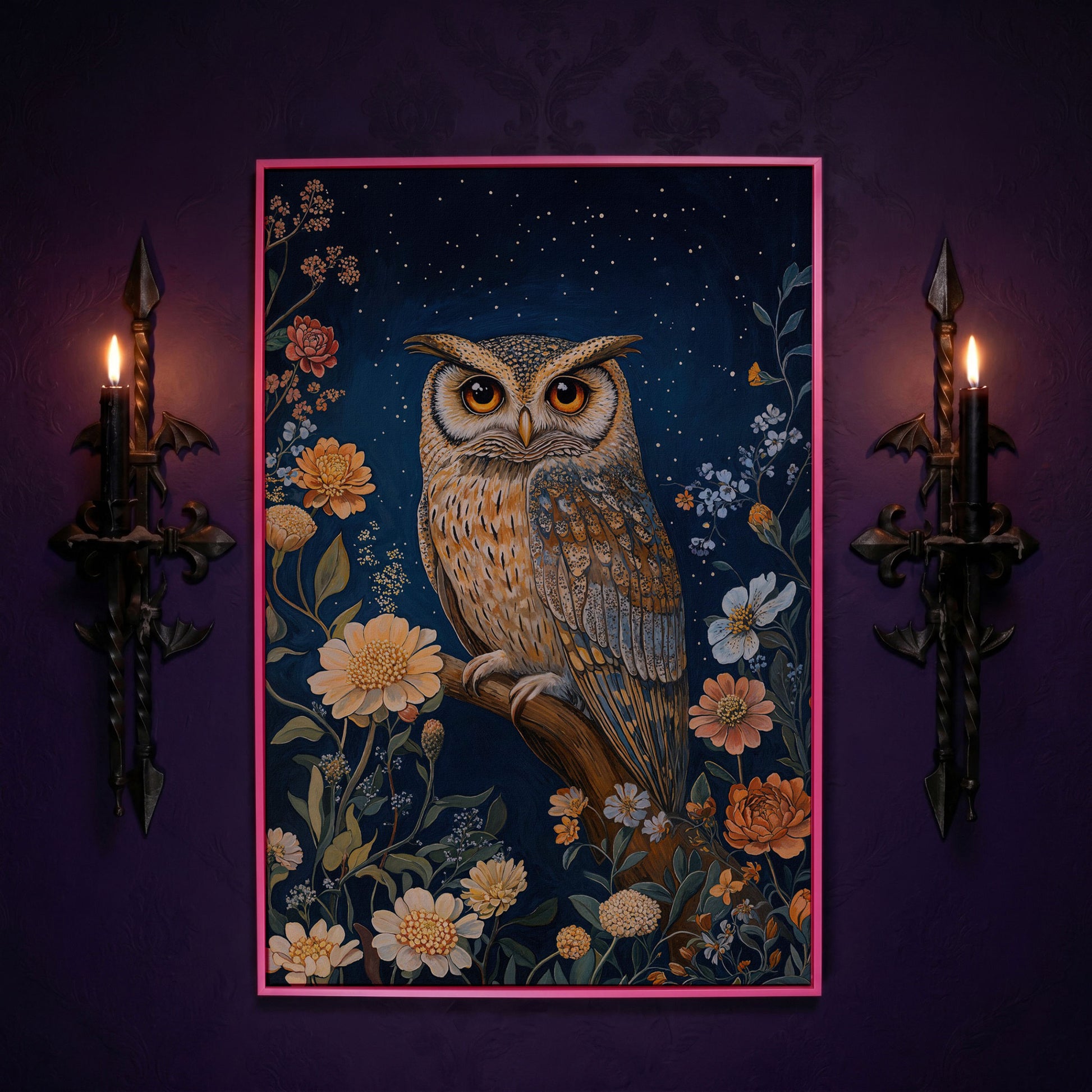 Mystical Owl on Branch Canvas Print in pink floating frame